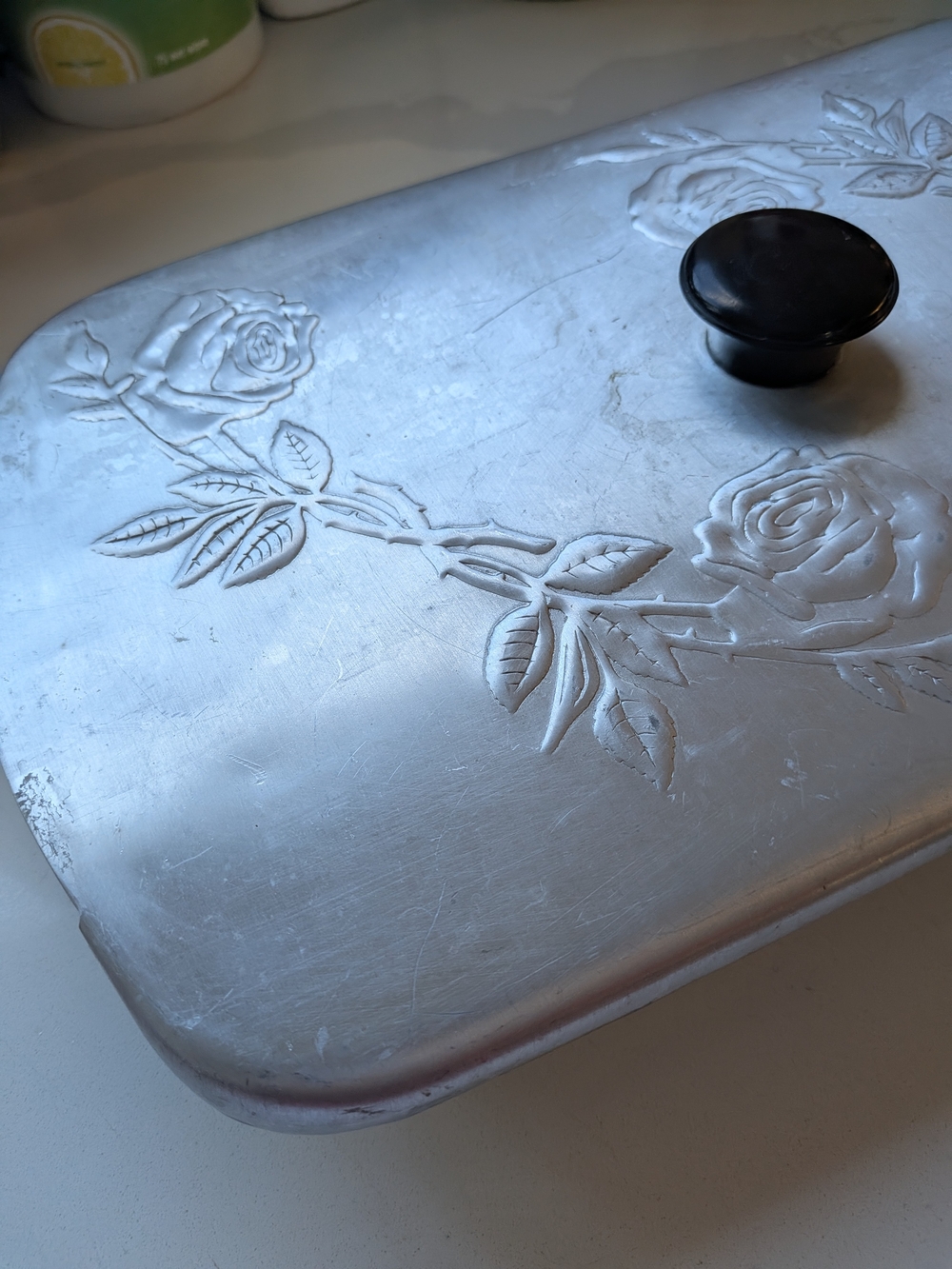Vintage Glasbake Dual Zone Glass Casserole Dish, Silver Rose Embossed Metal Lid